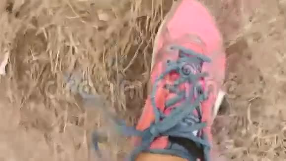 从摄像机上可以看到在森林中奔跑的女性腿视频的预览图