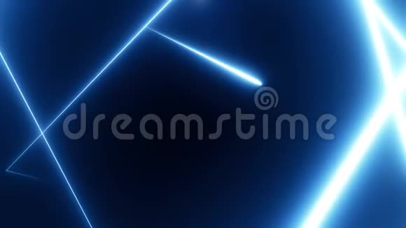 彩色蓝色霓虹灯线在黑色背景上交叉形成抽象三角形隧道艺术商业和视频的预览图