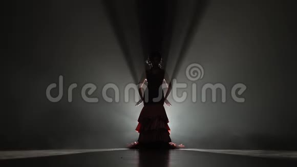 穿着漂亮裙子的女孩在跳舞从后面的光烟雾背景慢动作剪影视频的预览图