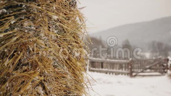 冬天在雪地里的农场干草堆视频的预览图