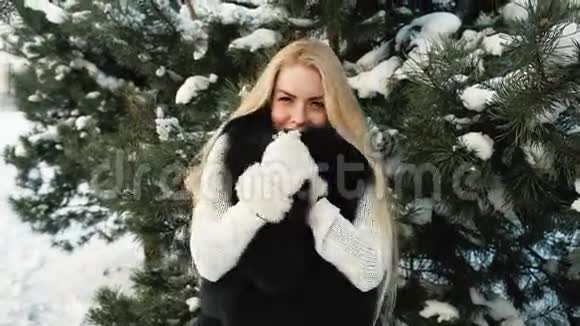 美丽的金发美女为摄影师摆姿势冬季景观视频的预览图