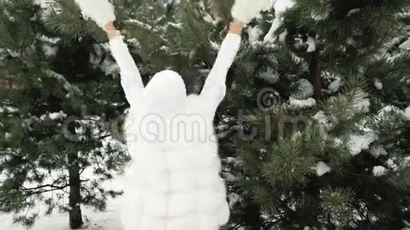 优雅开朗的女人在冬日的风景中欢笑视频的预览图