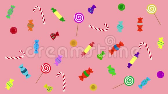 2D动画甜蜜的糖果移动在粉红色的背景美味的糖果不健康的食物背景视频的预览图