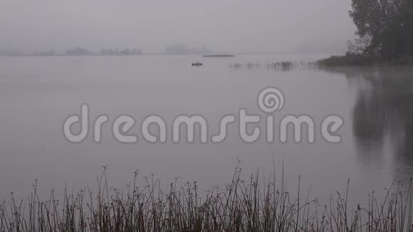 孤独的渔夫坐在船上湖面上覆盖着浓密的秋雾4K视频的预览图