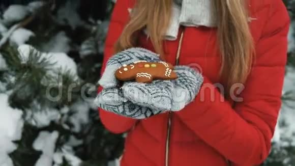 美丽的女人手牵着姜饼小男人冬天的风景视频的预览图