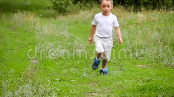 一个可爱的婴儿正在草地上缓慢地奔跑视频的预览图