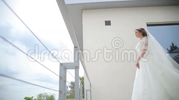 梦幻婚礼美丽的新娘在等新郎新娘微笑着幸福结婚庆典视频的预览图