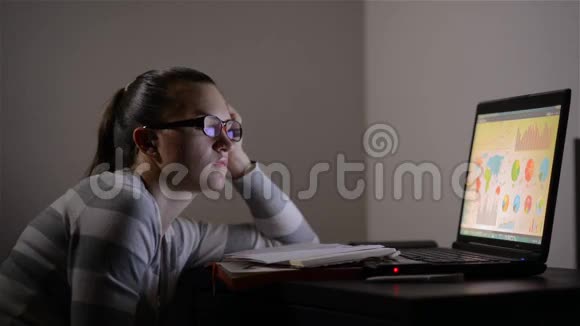 困乏的女人拿着笔记本电脑在家工作眼睛闭着快要睡着了视频的预览图