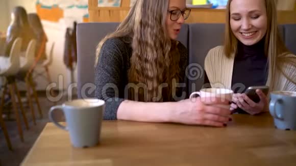 两个朋友的女人在咖啡馆里用手机交流视频的预览图