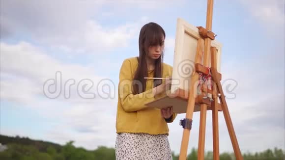 年轻而有创造力的艺术家在露天画布上画一幅画视频的预览图
