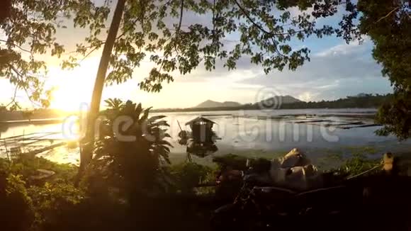 金色的阳光落在山湖上的水产养殖竹子结构上视频的预览图