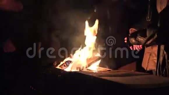 人们在晚上温暖双手打开壁炉4K视频的预览图