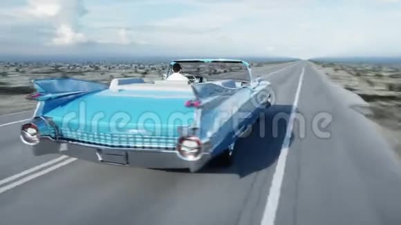 蓝色复古复古车上路高速公路日光开得很快现实的4k动画视频的预览图