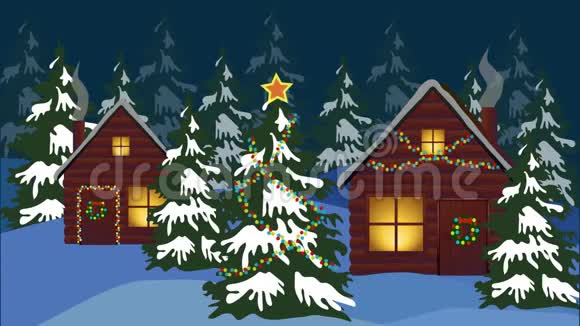 2D动画片摄像机从圣诞树和为除夕装饰的房子上移向老人和圣诞老人视频的预览图