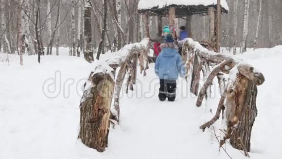 冬天公园下雪时小男孩和小女孩在桥上跑步视频的预览图