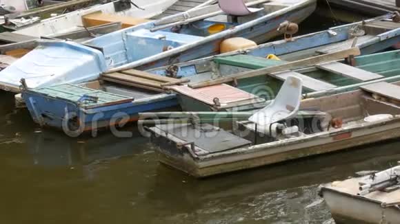 许多老式的旧船站在河边的码头上视频的预览图