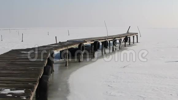 多瑙河三角洲的码头和冰冻湖视频的预览图
