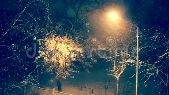 在冬天的夜晚点亮灯笼下雪了视频的预览图