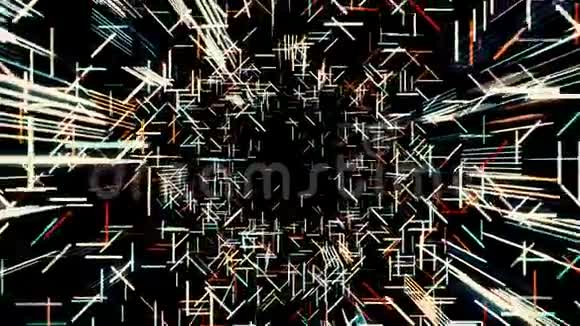抽象背景带飞虹灯发光条纹无缝环路动画穿过黑色三维空间隧道视频的预览图