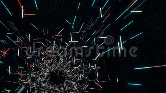 抽象背景带飞虹灯发光条纹无缝环路动画穿过黑色三维空间隧道视频的预览图