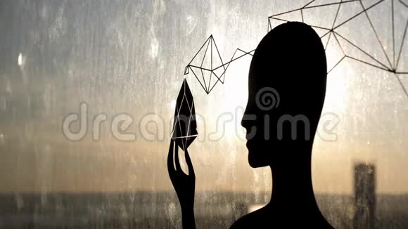 玻璃窗户上一个女人的真实黑色轮廓和背景上的夕阳天空库存录像黑暗视频的预览图