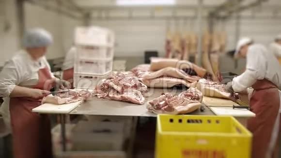 工人们切肉肉肉肉肉肉生肉以便生产香肠视频的预览图