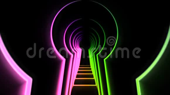抽象动画霓虹灯锁孔动画霓虹灯隧道形状的门打开钥匙黑色锁孔隧道视频的预览图
