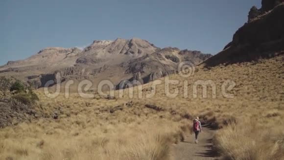 徒步旅行女孩背着背包在山里行走视频的预览图