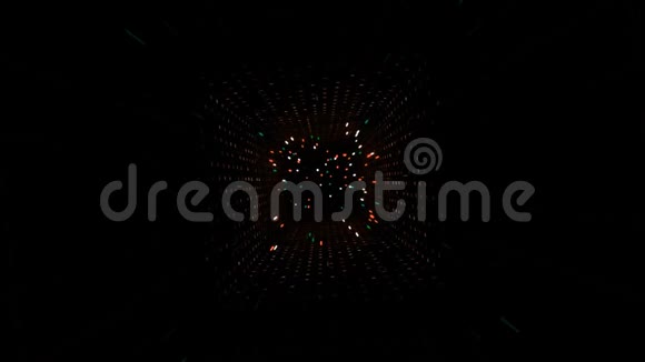霓虹灯隧道五颜六色的闪光颗粒流动画带有三维霓虹灯条纹的方形网络空间隧道视频的预览图