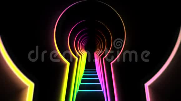 抽象动画霓虹灯锁孔动画霓虹灯隧道形状的门打开钥匙黑色锁孔隧道视频的预览图