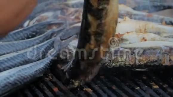鲭鱼热熏烤架里放着一堆鱼里面有一股淡淡的烟视频的预览图