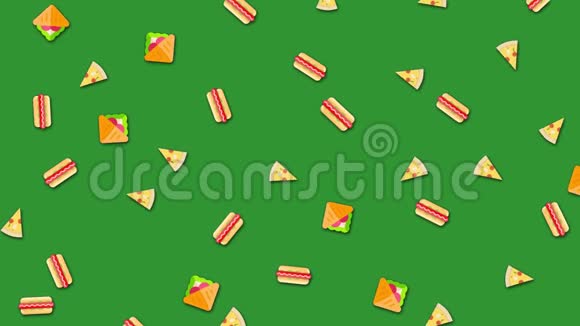 动画背景与重复的食物模式在绿色背景动画美丽的卡通动画视频的预览图
