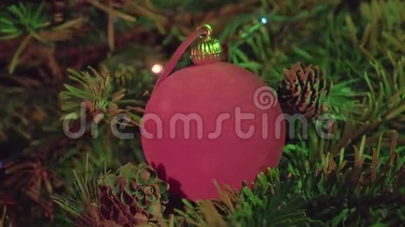 以圣诞树上装饰的花环为背景的红色新年舞会视频的预览图