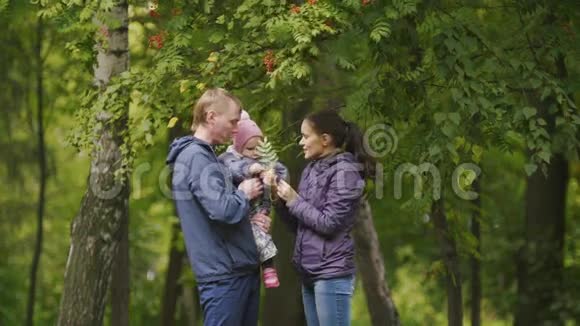 快乐的家庭爸爸妈妈和小女孩在秋天公园爸爸妈妈和宝宝在罗文身边摆姿势视频的预览图