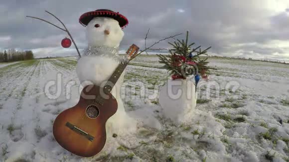 雪人与复古吉他和圣诞树在田野时间流逝4K视频的预览图