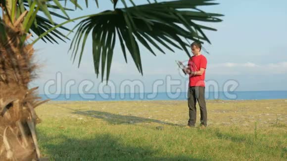 岩石海滩上的那个人前景中的棕榈树寻找正确路线图的游客视频的预览图