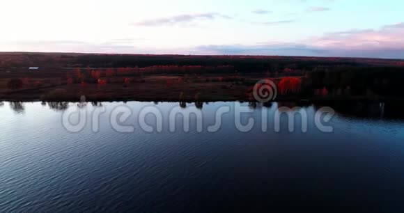 秋季伏尔加河日出时俯瞰四架飞机飞越森林4k视频的预览图