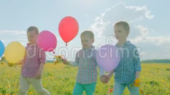 暑假里三个带着彩色气球的弟弟在花田里散步视频的预览图
