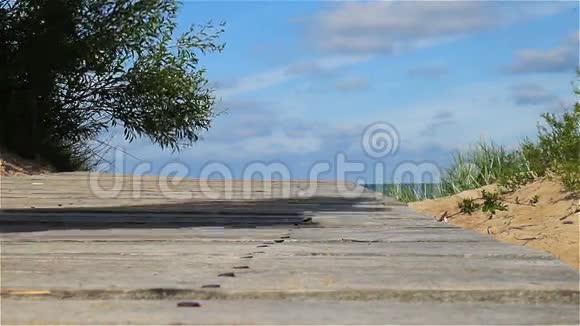 赤脚女孩走在海边的一个木墩上视频的预览图