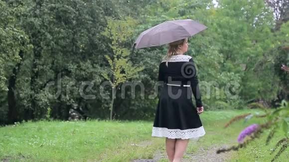 雨中带着雨伞的女人向公园里的照相机摆姿势穿着黑色礼服带伞的女孩视频的预览图