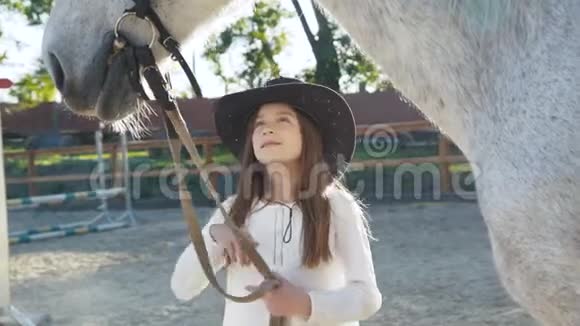 年轻快乐的女孩微笑着抚摸她美丽的白马在这个地区视频的预览图