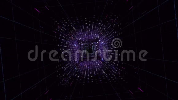 带有发光条纹的虚拟霓虹灯隧道动画3D浸泡在广场隧道的网络空间中流光溢彩视频的预览图