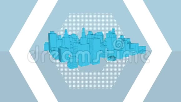 蓝色六边形与城市旋转三维图放大视频的预览图
