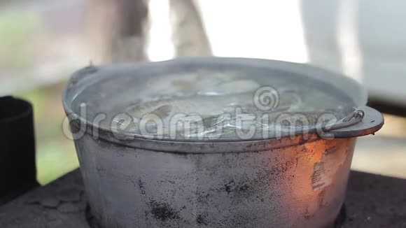 在烧木头的炉子上用金属锅煮鱼汤视频的预览图