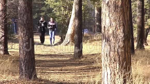男孩和女孩在森林小径上奔跑视频的预览图