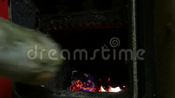4冬季寒冷的时候在木炉里把木头放进燃烧的火里的女人手的特写镜头超高清晰度视频的预览图