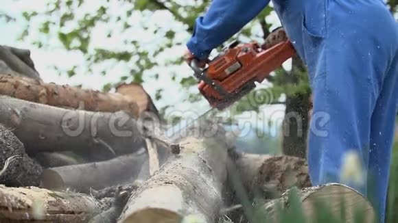 用电锯把树枝从原木上锯开视频的预览图