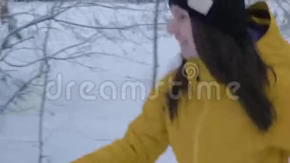 女人在冬天公园里和一个孩子拉雪橇Stadicam动议4K视频的预览图
