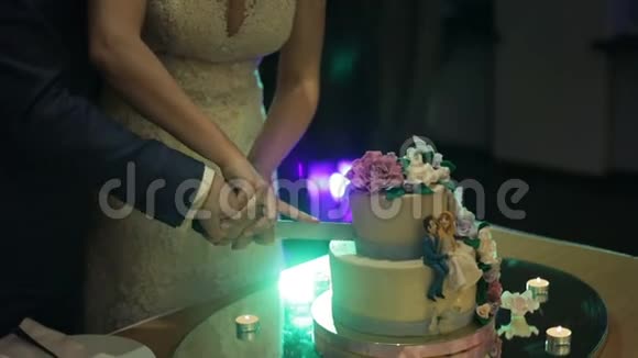 新娘和新郎正在切婚礼蛋糕视频的预览图