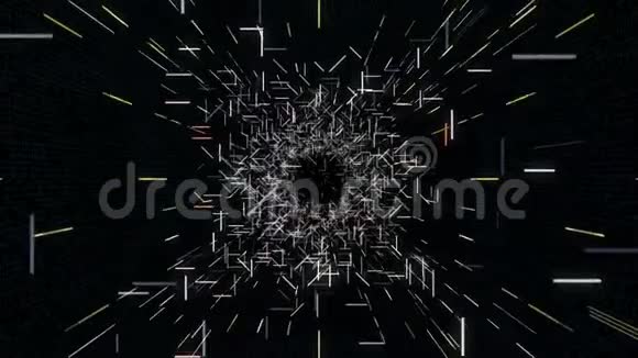 黑色背景上霓虹灯条纹的抽象隧道动画许多破碎的几何条纹在黑色上发光的隧道视频的预览图